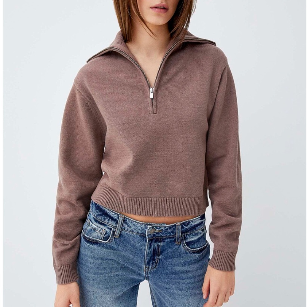 Brown taupe ribbed zip-collar sweater NWT